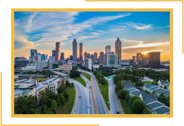 Atlanta skyline at sunset representing MediBill RCM services in Georgia
