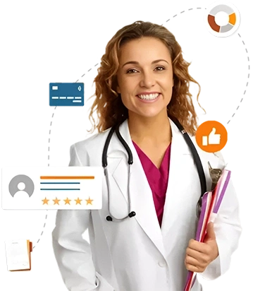 Lady doctor with a stethoscope around her neck holding a folder, representing professionalism and healthcare expertise