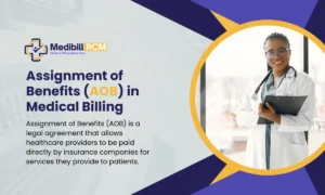 Smiling female doctor holding a clipboard, representing Assignment of Benefits (AOB) in medical billing.