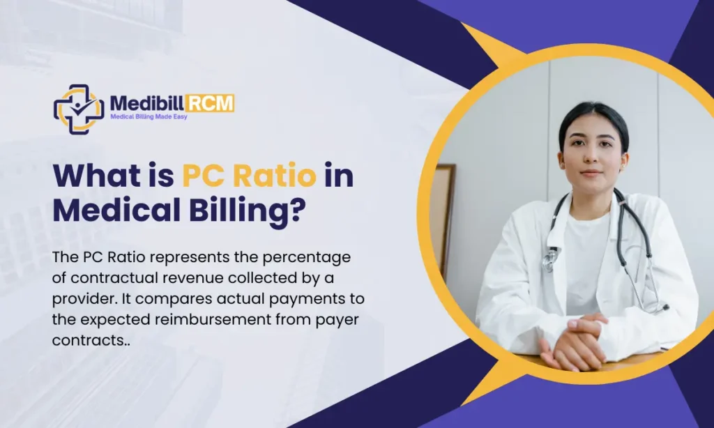 A female doctor in a white coat with a stethoscope sitting at a desk, with text explaining the PC Ratio in medical billing. The Medibill RCM logo is present, and the background has a modern geometric design.