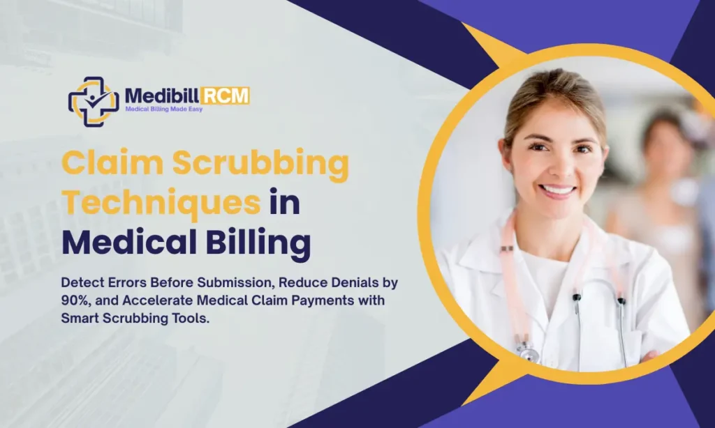 Doctor Smiling with Text Overlay on Claim Scrubbing Techniques in Medical Billing by Medibill RCM LLC