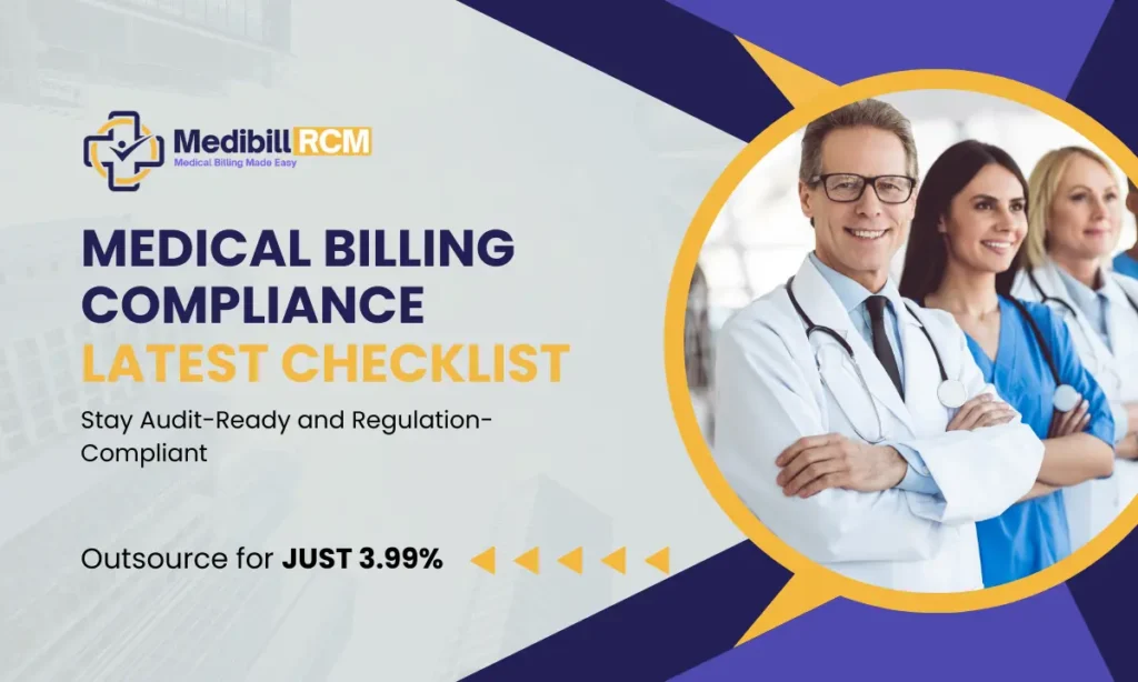 MedibillRCM Medical Billing Compliance Checklist with the tagline 'Stay Audit-Ready and Regulation-Compliant' and an offer to outsource for 3.99%.