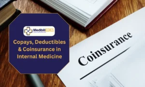 Copays, deductibles, and coinsurance document on desk with Medibill RCM logo for internal medicine billing guide