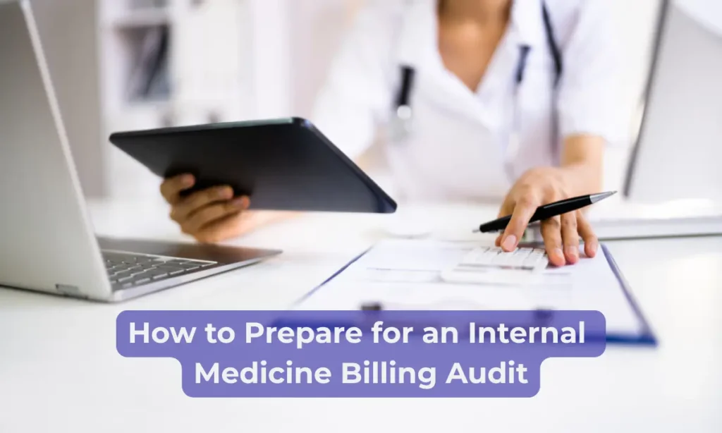 Doctor reviewing billing documents and using a tablet to prepare for an internal medicine billing audit