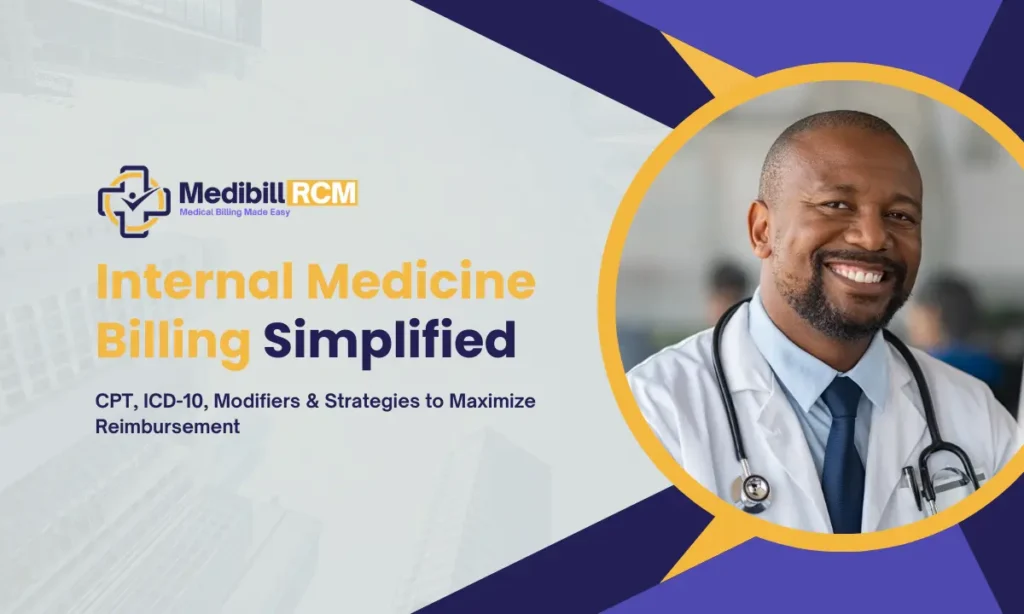 Internal medicine doctor smiling with text overlay "Internal Medicine Billing Simplified – CPT, ICD-10, Modifiers & Strategies to Maximize Reimbursement" from Medibill RCM, a medical billing company.