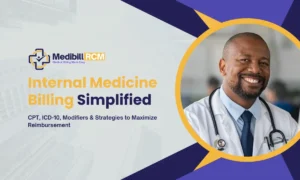 Internal medicine doctor smiling with text overlay "Internal Medicine Billing Simplified – CPT, ICD-10, Modifiers & Strategies to Maximize Reimbursement" from Medibill RCM, a medical billing company.