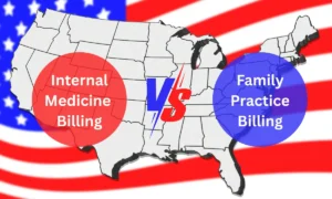 Map of the U.S. showing Internal Medicine Billing vs Family Practice Billing with red and blue highlights and American flag background.