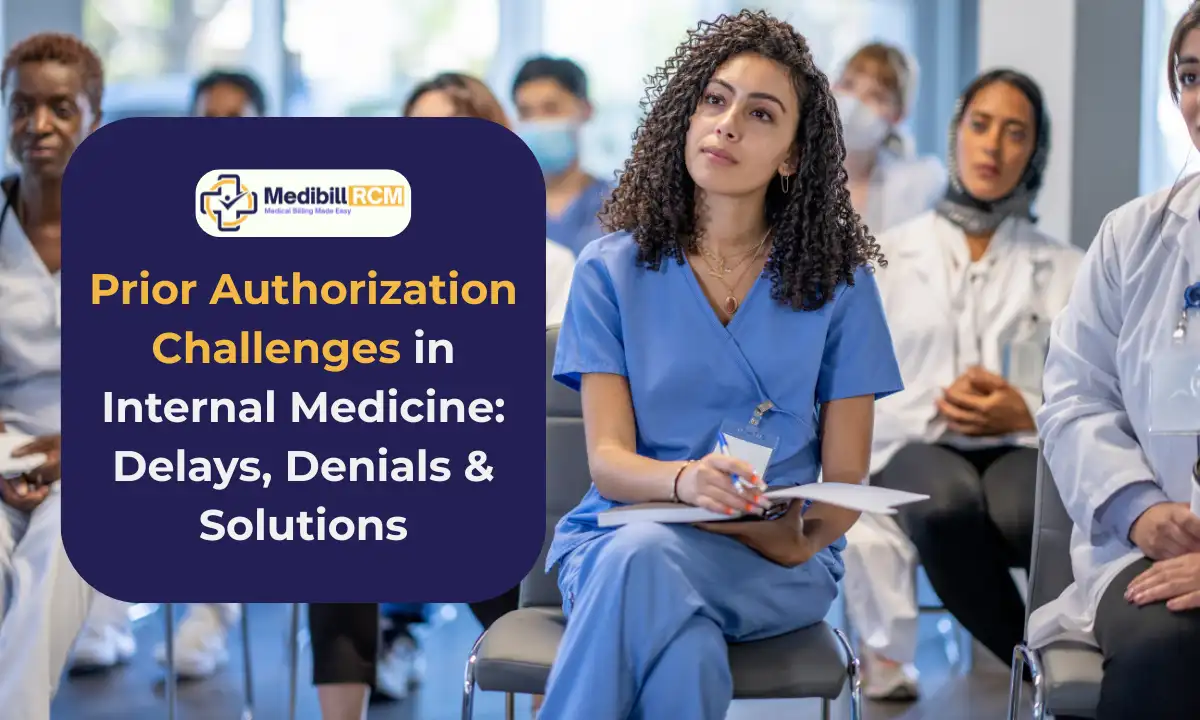 Healthcare professionals listening to a seminar on prior authorization challenges in internal medicine.
