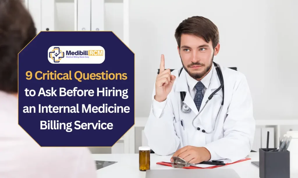 Male doctor raising a finger, symbolizing decision-making with text overlay “9 Critical Questions to Ask Before Hiring an Internal Medicine Billing Service” from MediBill RCM LLC