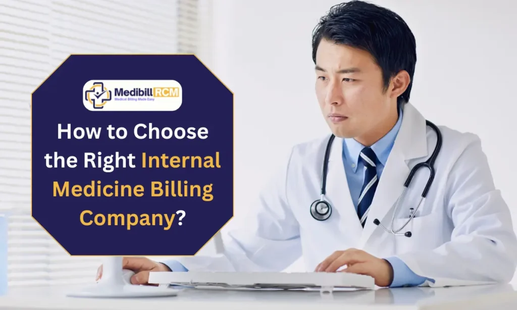 Doctor reviewing medical data on a computer with text overlay that reads "How to Choose the Right Internal Medicine Billing Company?"
