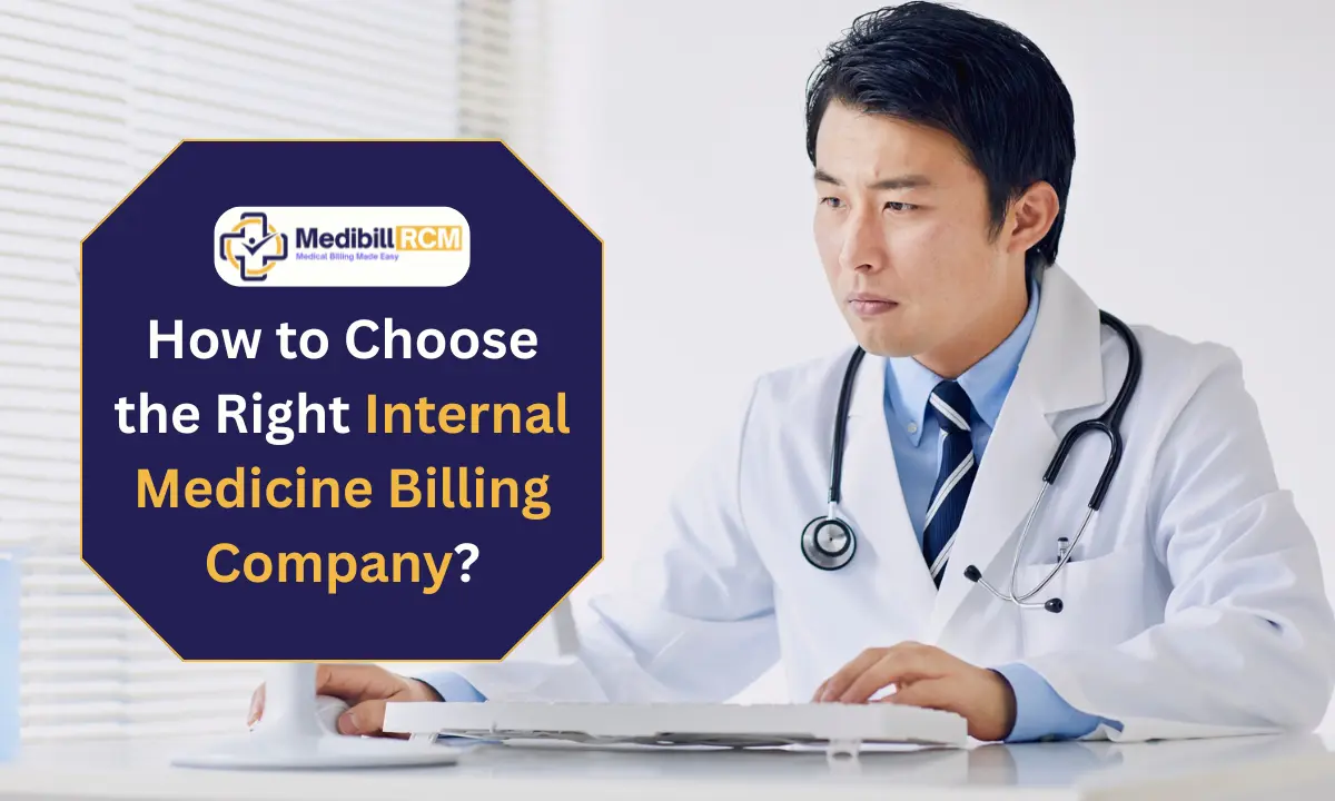 Doctor reviewing medical data on a computer with text overlay that reads "How to Choose the Right Internal Medicine Billing Company?"