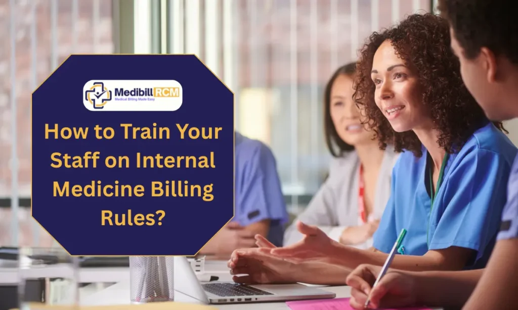 Medical billing staff in a training session discussing internal medicine billing rules with Medibill RCM branding.