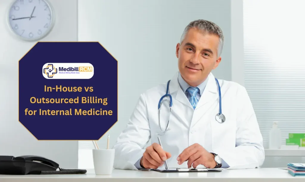 Experienced internal medicine doctor reviewing billing options at desk with In-House vs Outsourced Billing banner