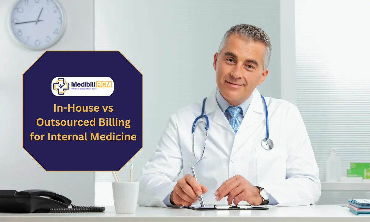 Experienced internal medicine doctor reviewing billing options at desk with In-House vs Outsourced Billing banner