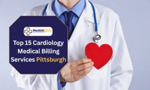 Doctor holding red heart symbol with text overlay: Top 15 Cardiology Medical Billing Services in Pittsburgh – Medibill RCM