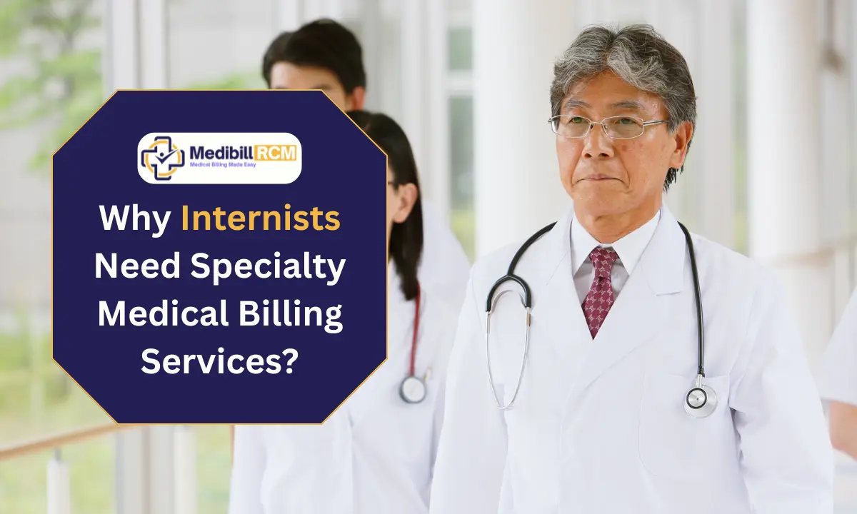 Senior internist with stethoscope standing confidently in hospital hallway, highlighting the need for specialty medical billing services.