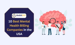 Illustration of doctors and mental health professionals analyzing a brain, representing top mental health billing companies in the USA.