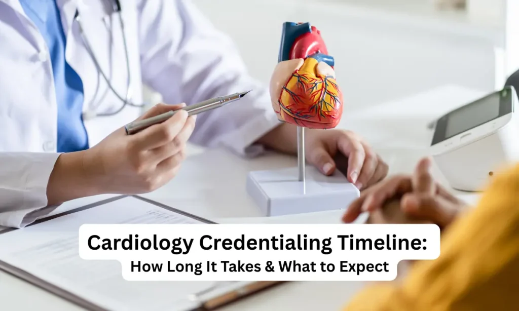 Cardiology credentialing timeline – doctor reviewing heart model with patient during medical consultation.