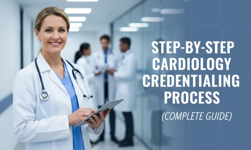 Smiling female doctor with stethoscope holding a tablet in a hospital hallway with colleagues in the background – Step-by-Step Cardiology Credentialing Process