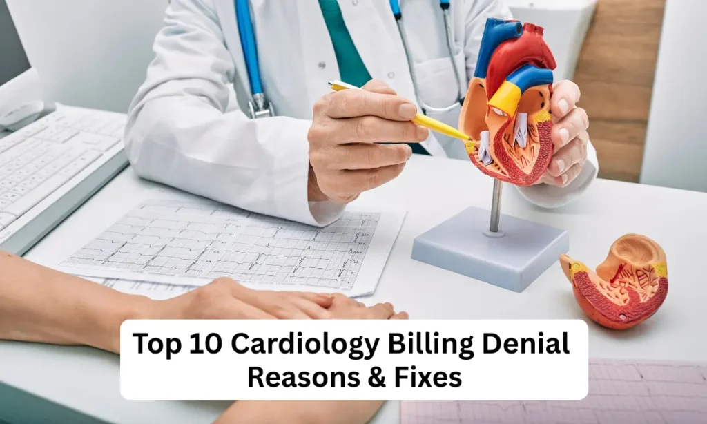 Doctor explaining cardiology billing denial reasons with heart model and ECG chart