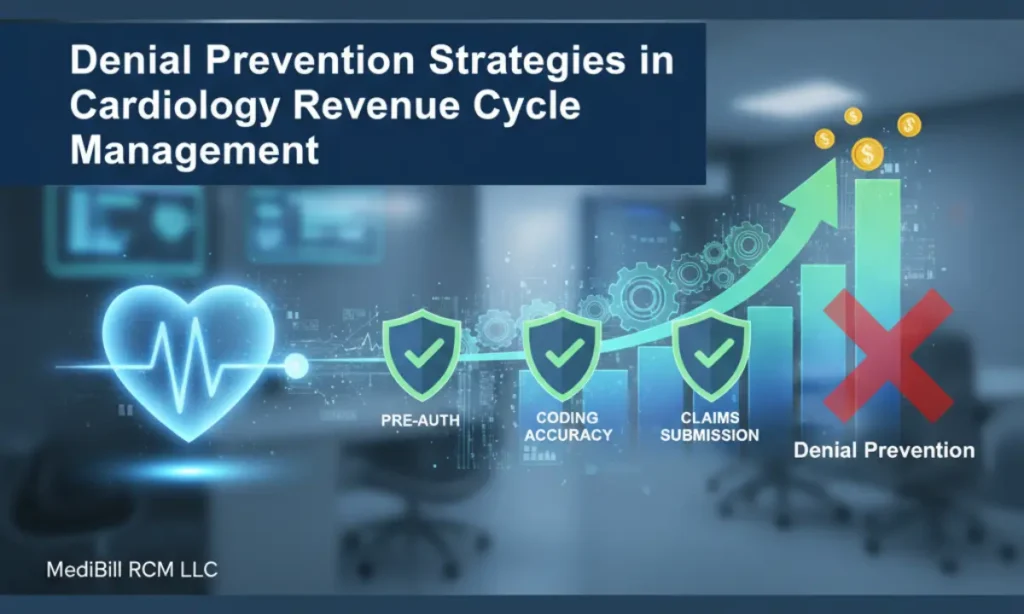Denial prevention strategies in cardiology revenue cycle management showing pre-authorization, coding accuracy, and claim submission process for clean claims.