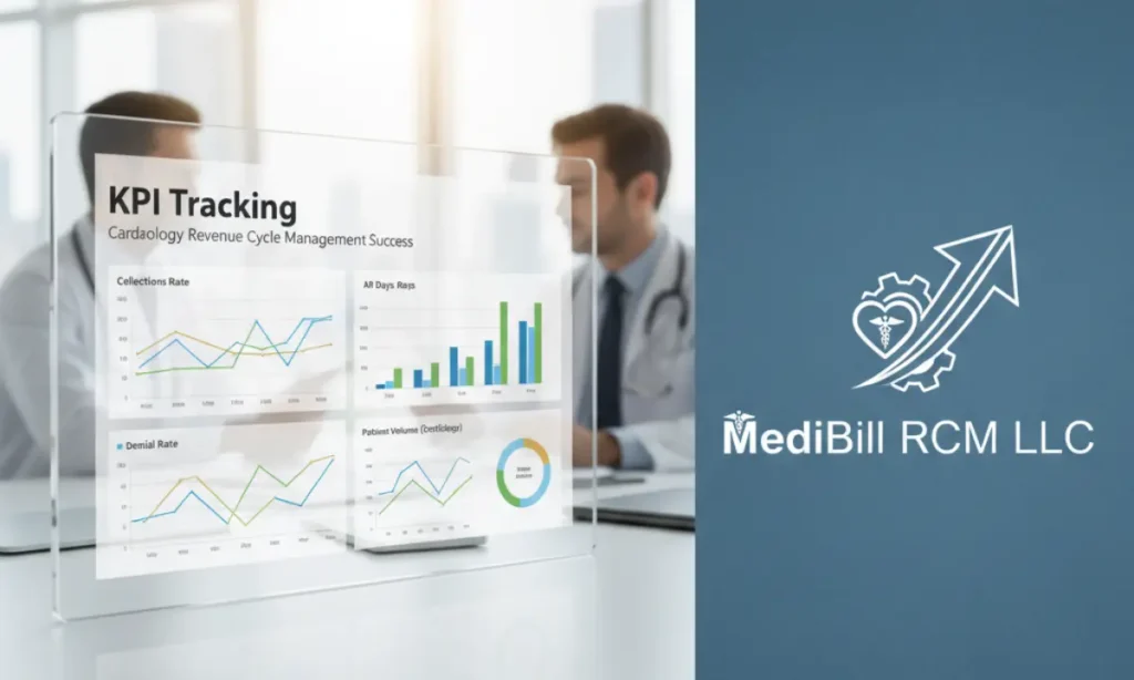 KPI tracking dashboard for cardiology revenue cycle management with charts on collections, A/R days, denial rates, and patient volume, by MediBill RCM LLC.