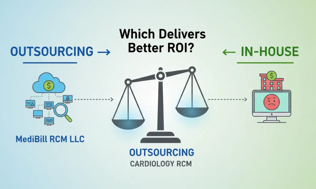 A comparison graphic showing a scale labeled “Outsourcing vs. In-House Cardiology RCM” with the outsourcing side delivering better ROI, created by MediBill RCM LLC.