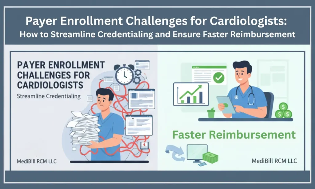 Illustration showing payer enrollment challenges for cardiologists with paperwork and credentialing delays, contrasted with faster reimbursement through efficient credentialing systems.