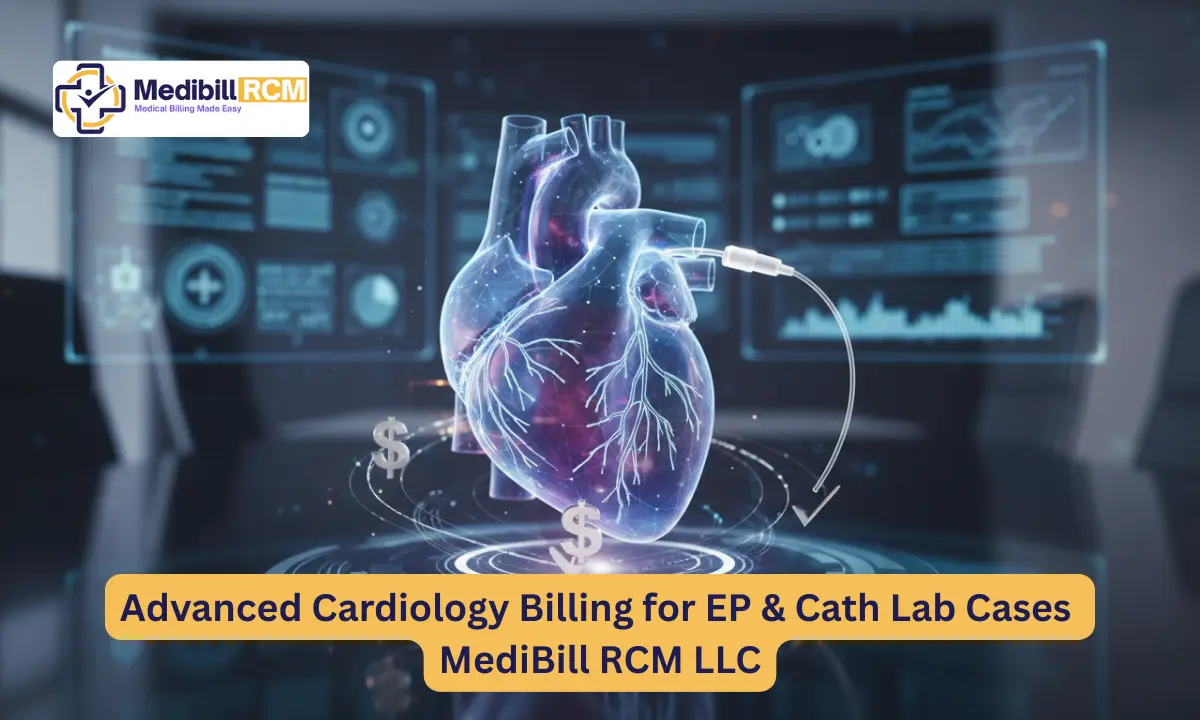 3D digital heart with analytics and dollar icons representing advanced EP and Cath Lab billing