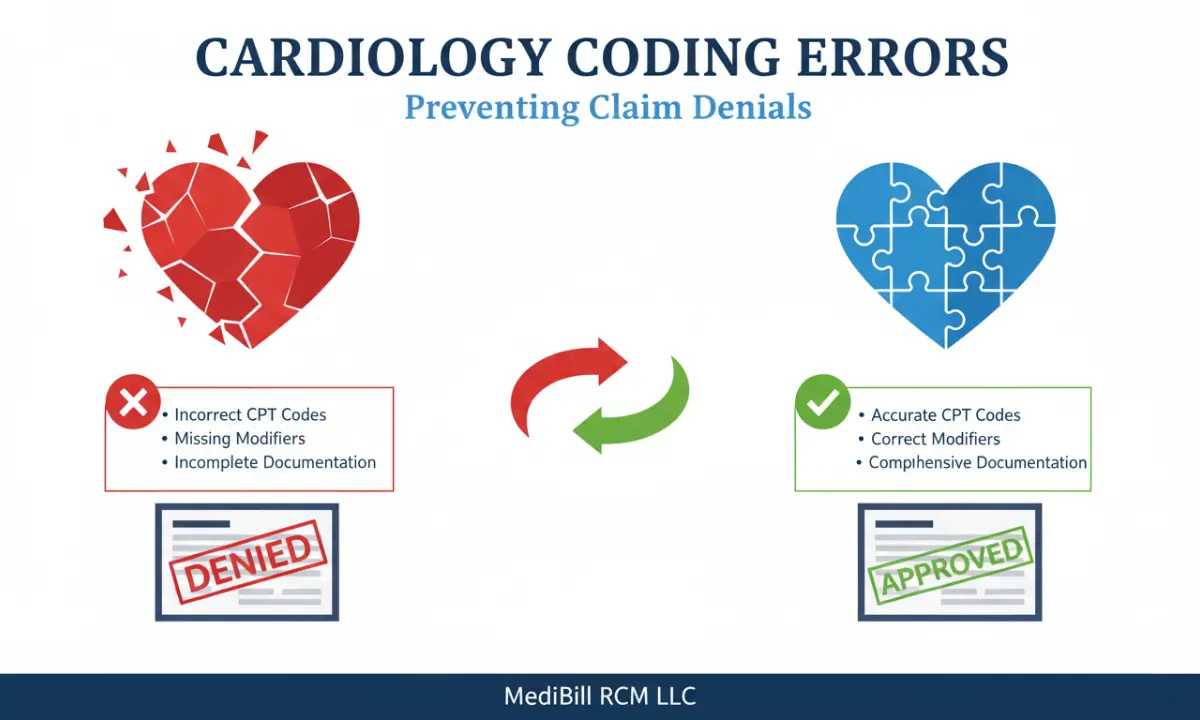 Cardiology coding errors visual showing incorrect CPT codes, missing modifiers, incomplete documentation leading to denied claims, compared with accurate coding and proper documentation resulting in approved claims.