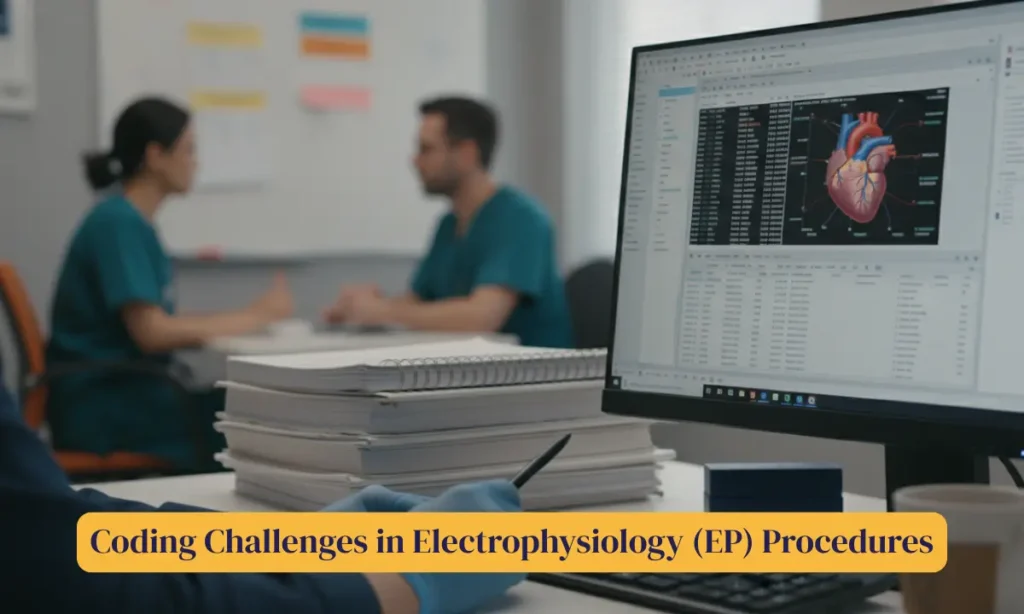 Medical team discussing electrophysiology procedures with a computer screen displaying cardiac mapping data and coding documents.
