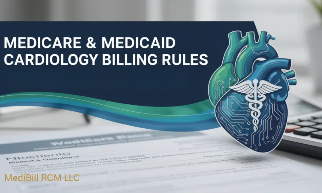 Digital illustration showing a heart graphic with a medical caduceus symbol and billing documents in the background, representing Medicare and Medicaid cardiology billing compliance and reimbursement.