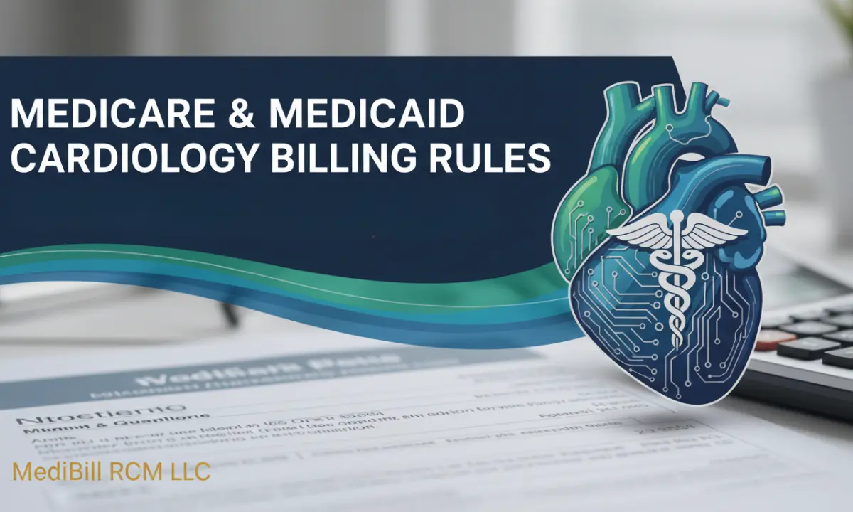 Digital illustration showing a heart graphic with a medical caduceus symbol and billing documents in the background, representing Medicare and Medicaid cardiology billing compliance and reimbursement.
