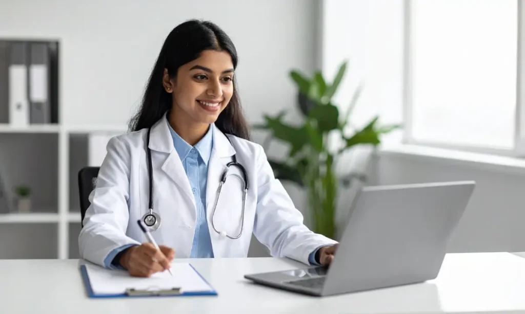 Cardiologist reviewing telemedicine documentation on a laptop during a virtual care session