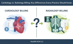 Cardiology billing versus radiology billing comparison showing procedural complexity, coding, and revenue differences