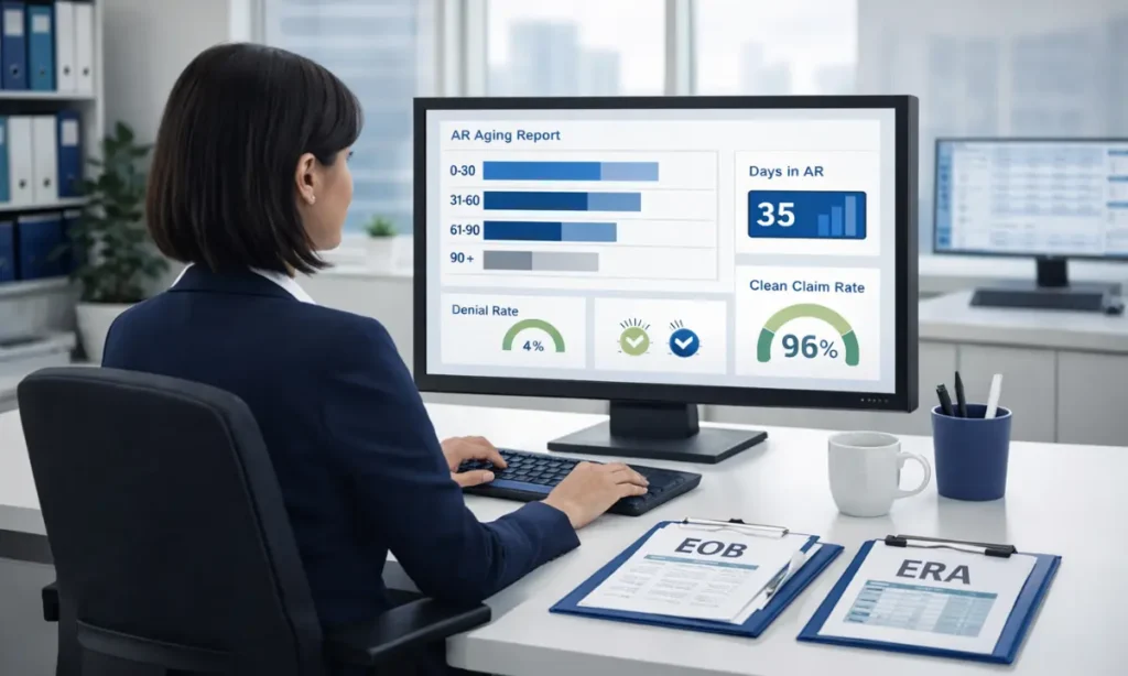 Medical billing specialist reviewing an AR aging report dashboard showing Days in AR 35 days, Denial Rate 4%, and Clean Claim Rate 96% with EOB and ERA documents on desk