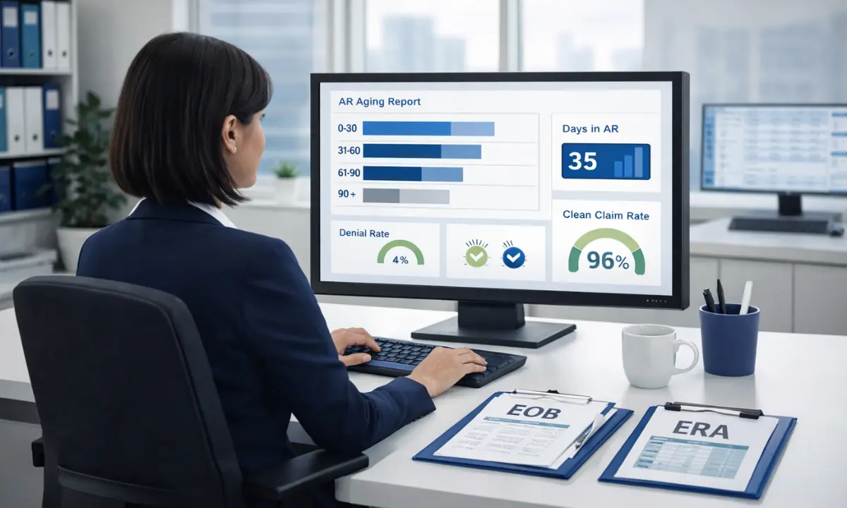 Medical billing specialist reviewing an AR aging report dashboard showing Days in AR 35 days, Denial Rate 4%, and Clean Claim Rate 96% with EOB and ERA documents on desk