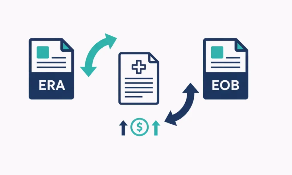 ERA vs EOB in medical billing diagram showing Electronic Remittance Advice sent to providers and Explanation of Benefits sent to patients after insurance claim processing