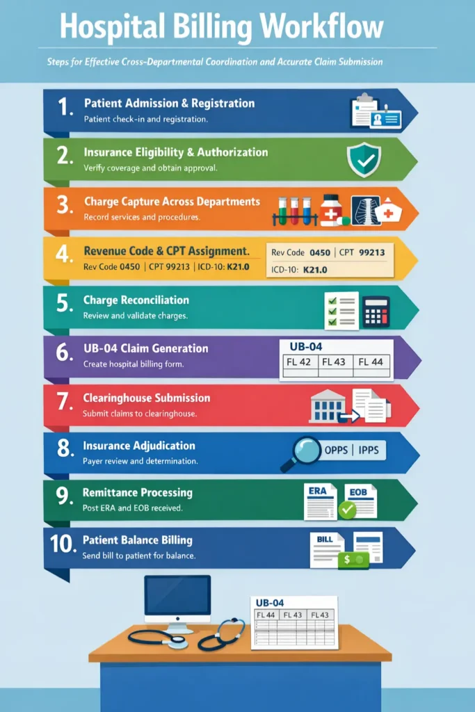 Infographic showing the 10-step hospital billing workflow including patient admission and registration, insurance eligibility and authorization, charge capture across departments, revenue code and CPT assignment with Rev Code 0450 CPT 99213 and ICD-10 K21.0, charge reconciliation, UB-04 claim generation with FL42 FL43 FL44 field locators, clearinghouse submission, insurance adjudication under OPPS and IPPS, remittance processing with ERA and EOB, and patient balance billing