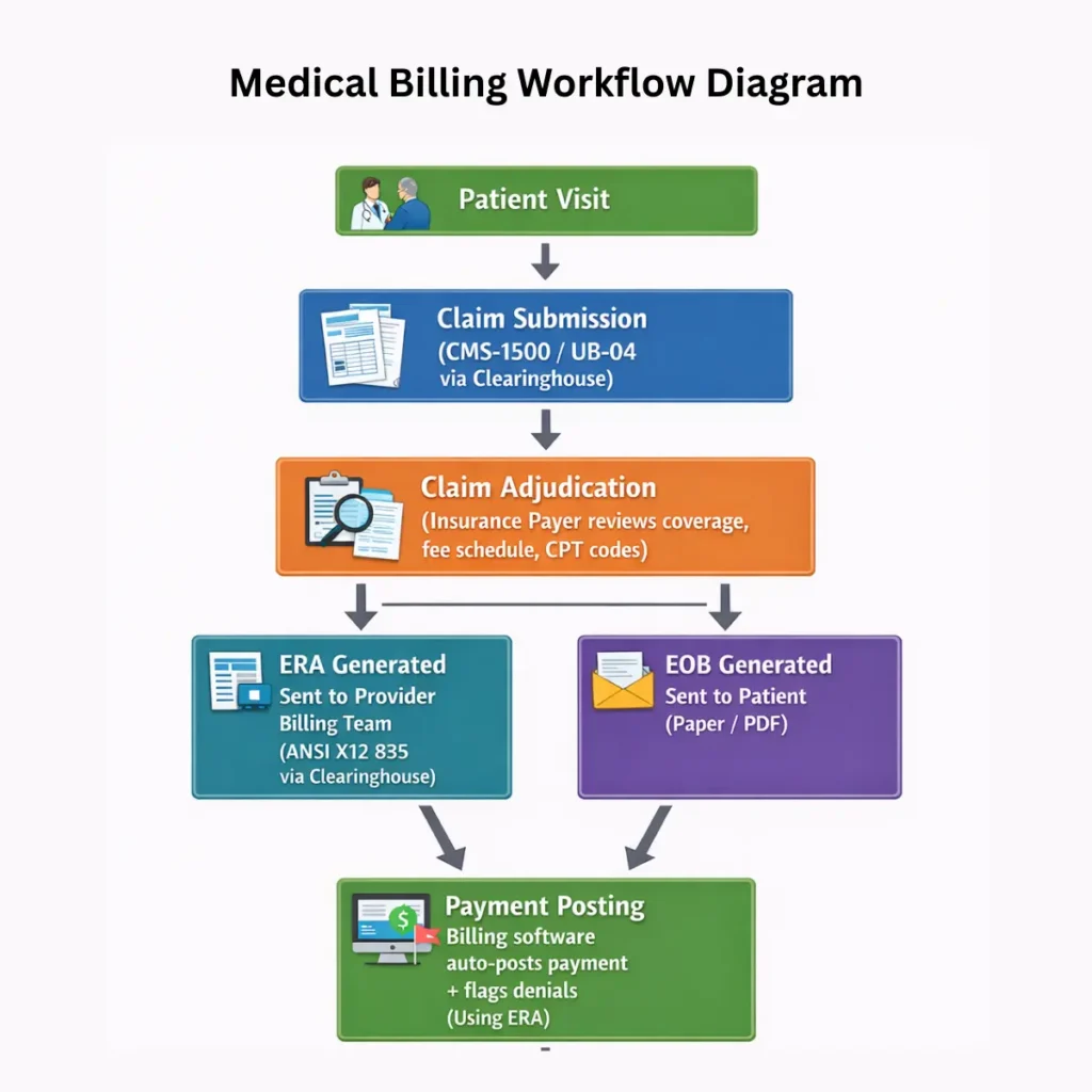Medical billing workflow diagram showing patient visit, claim submission, claim adjudication, and the split where ERA is sent to the provider billing team and EOB is sent to the patient before payment posting using ERA.