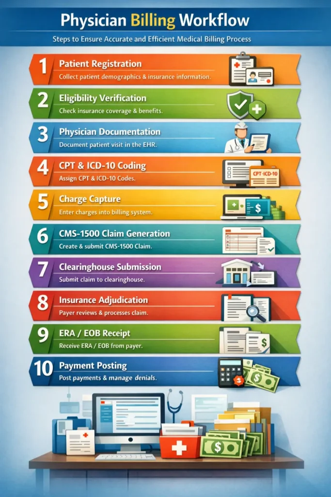Infographic showing the 10-step hospital billing workflow including patient admission, insurance eligibility verification, charge capture across departments, revenue code and CPT assignment, charge reconciliation, UB-04 claim generation, clearinghouse submission, insurance adjudication under OPPS and IPPS, remittance processing, and patient balance billing