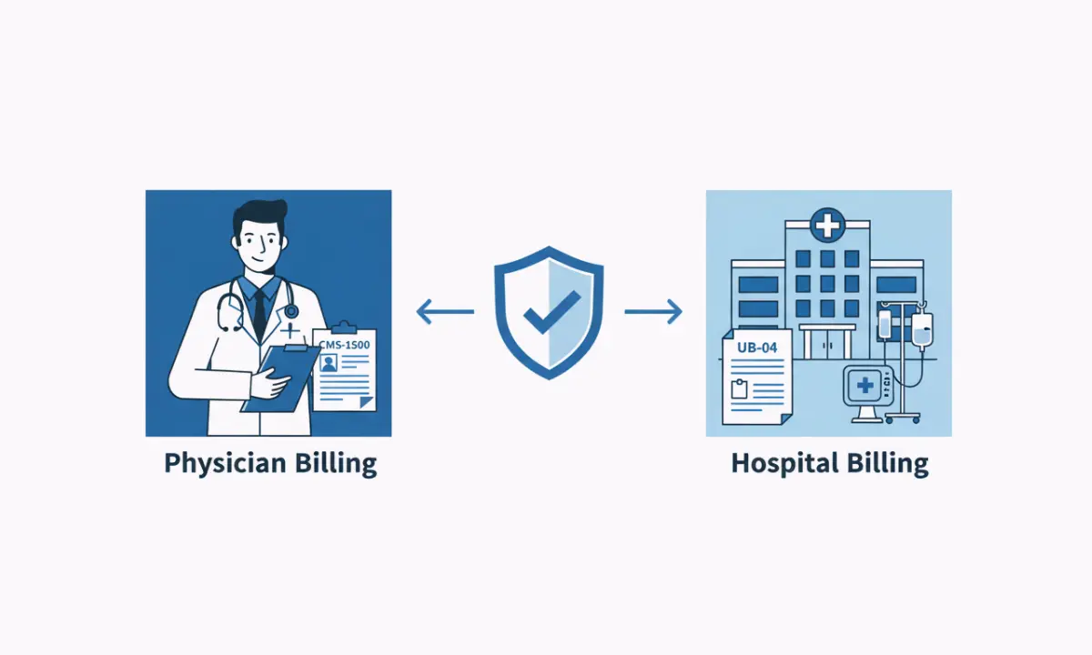Infographic showing the difference between physician billing with CMS-1500 claim form on the left and hospital billing with UB-04 claim form on the right, connected by an insurance shield in the center