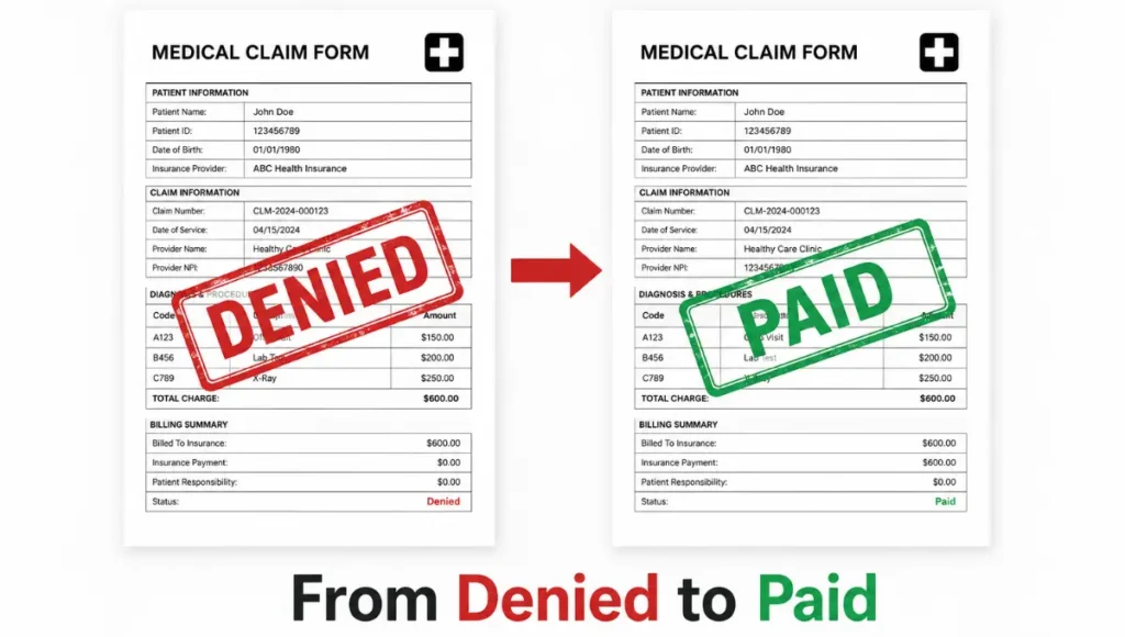 Two side-by-side medical claim forms for patient John Doe, Claim Number CLM-2024-000123, total charge $600. Left form stamped DENIED in red with insurance payment $0.00. Right form stamped PAID in green with insurance payment $600.00. A red arrow between them represents the denial management and appeals process.