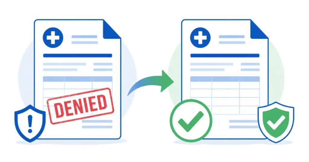 Flat illustration showing a denied medical claim with a red stamp transforming into an approved claim with green checkmarks — representing the medical claim appeal process