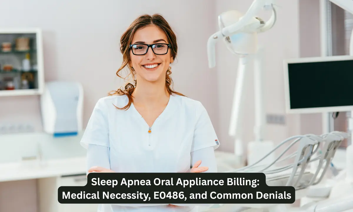 Dental professional in a clinic representing sleep apnea oral appliance billing and HCPCS E0486